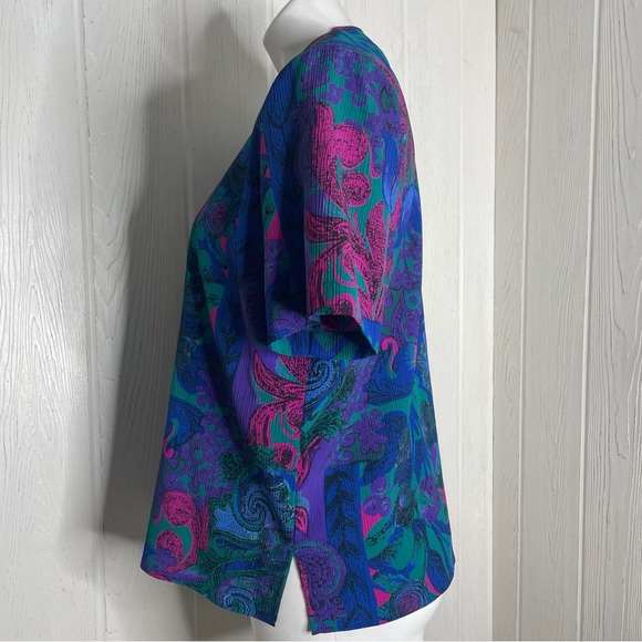 Vintage JG Collection Petite Blouse 8 Teal Pink Blue 1980’s S/S Padded Shoulders - Picture 2 of 9